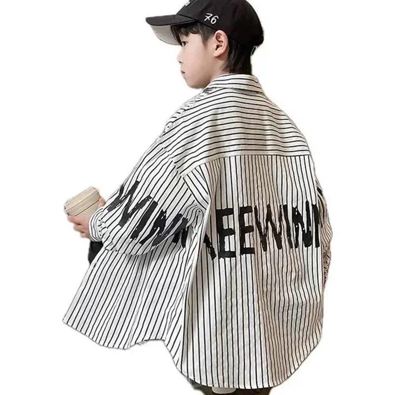 New Fashion Kids Long Sleeve Black And White Striped Shirt For Teen Boys Korean Loose Style Teenage Boy Letter Blouse Tops 5-14y