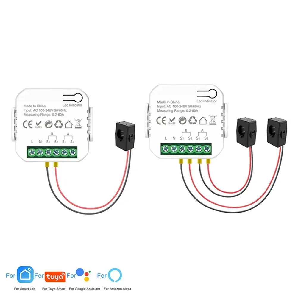 Medidor de potencia inteligente Wifi con abrazadera de transformador de corriente, medidor de energía de 1/2 canales 120A, vatímetro doméstico inteligente, sistema Solar fotovoltaico