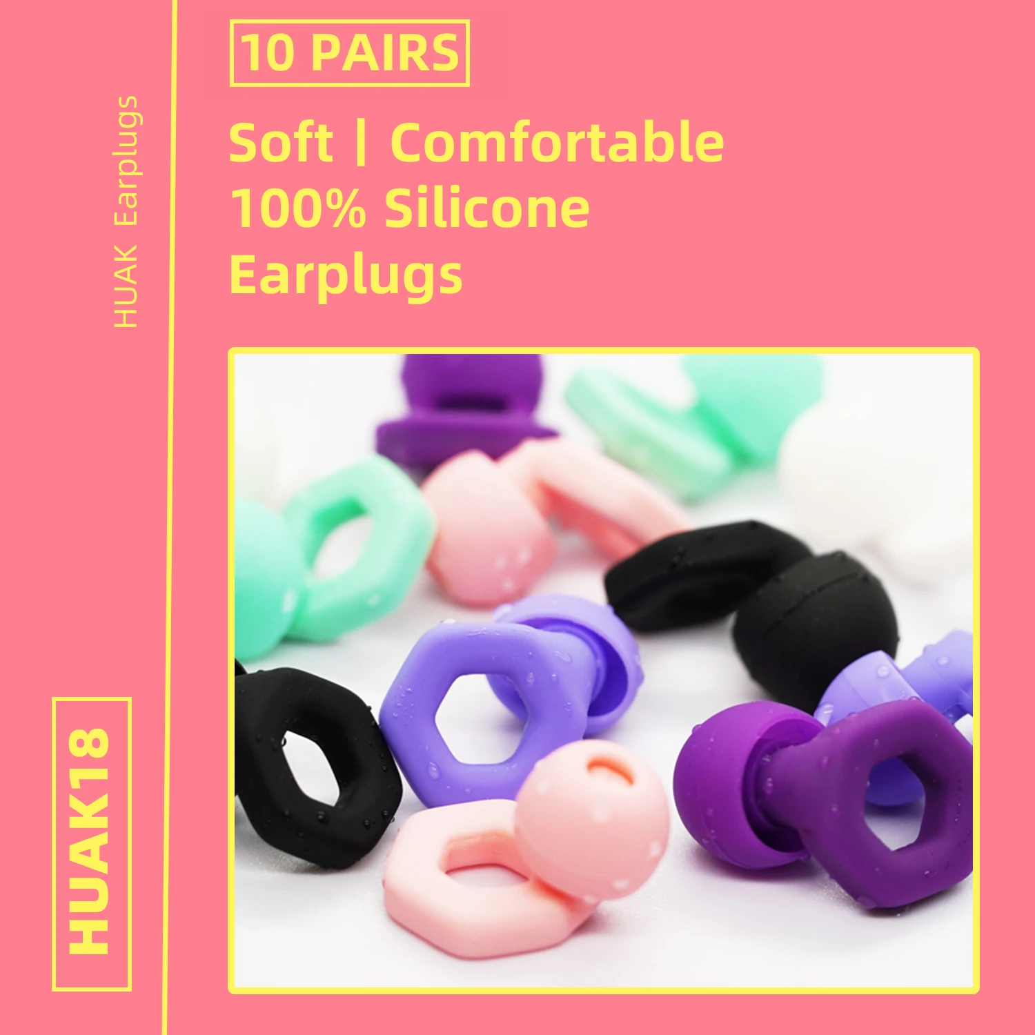 HUAK -18 10pairs- Silicone EarPlugs- Super Soft, Reusable Silicone for Sleep, Swim, Work, Ear Tips in XS/ S/ M/ L