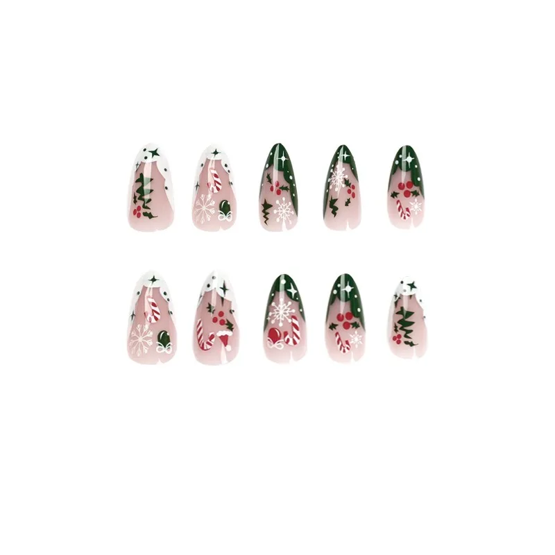 24 Pcs Christmas False Nails Green Almond French Tip Press on Nails Set White Snowflake Reusable Adhesive High Quality Nail Tips