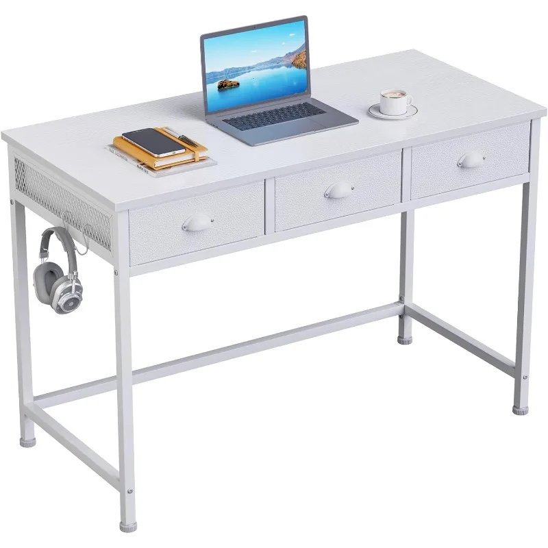 

White Small Computer Desk with 3 Fabric Drawers, 40 Inch Simple Home Office Desk, Writing Desk with Hooks, Study Desk