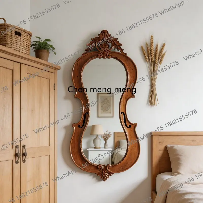 European retro violin shape wall-mounted cosmetic mirror light luxury carved wall-mounted decorative mirror