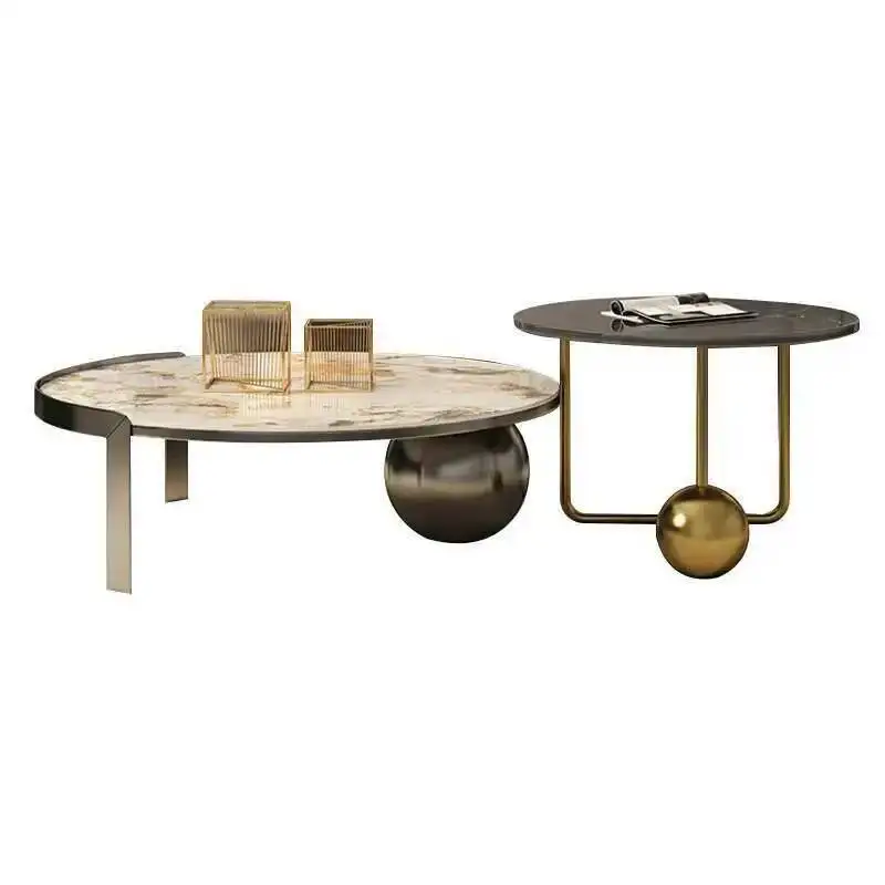 فاخر بسيط جولة حجر طاولة القهوة ضوء غرفة المعيشة شخصية الفولاذ المقاوم للصدأ طاولة القهوة الحديثة حجم مجموعة #4