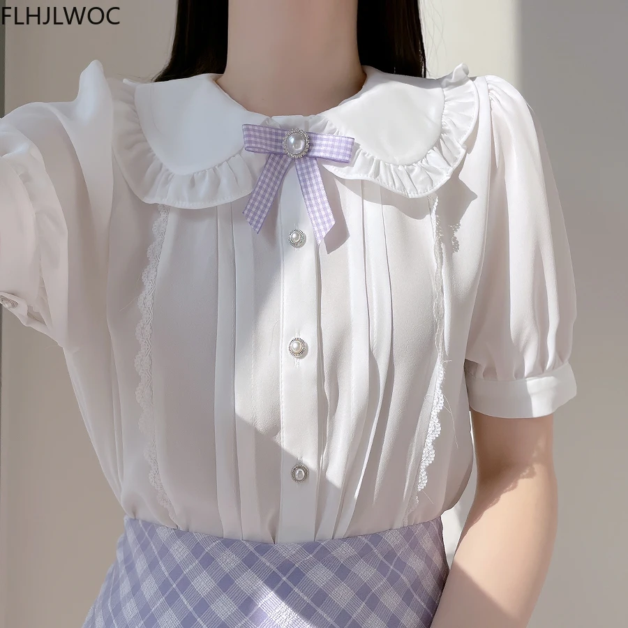 Cute Sweet Girls Japan Korea 2022 Woman Ribbon Bow Tie Retro Vintalge Top Blusas Light Blue Ruffles Lace White Button Shirts