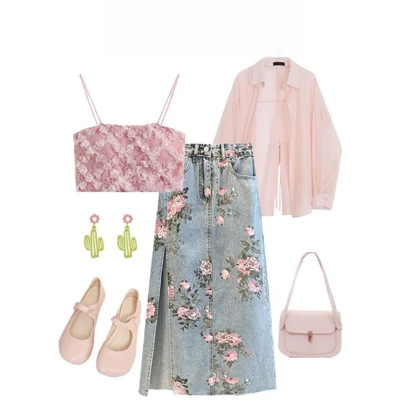 

Spring New Sle Thin Long Sve irt Sexy Girl Vest Strap Print Denim Skirt Tee Piece Set Women's Casual Loose Fit
