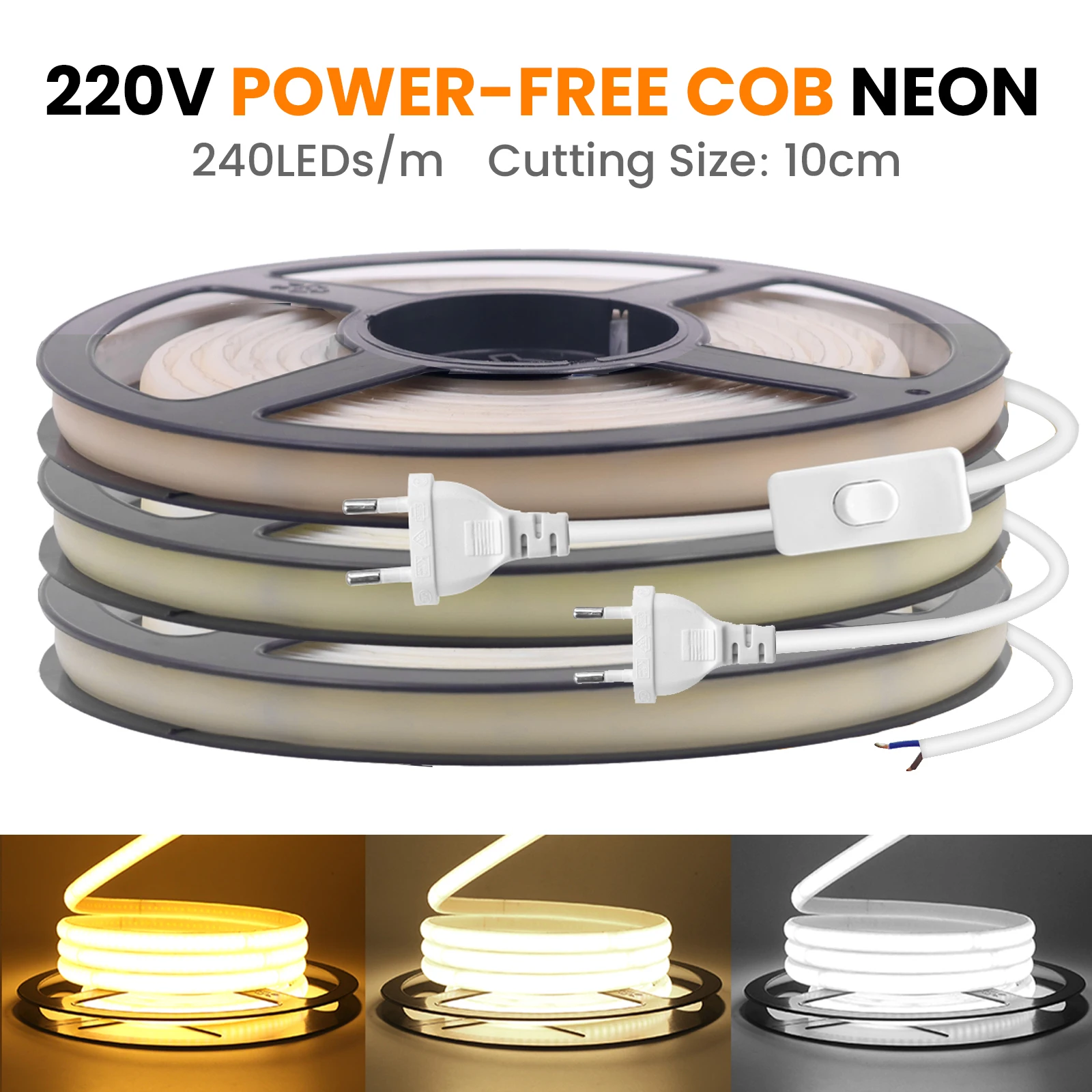 

220V COB LED Strip with Adhesive Tape 10CM Can Be Cut Flexible LED Tape 240LEDs Density Linear Light Waterproof LED Ribbon Rope