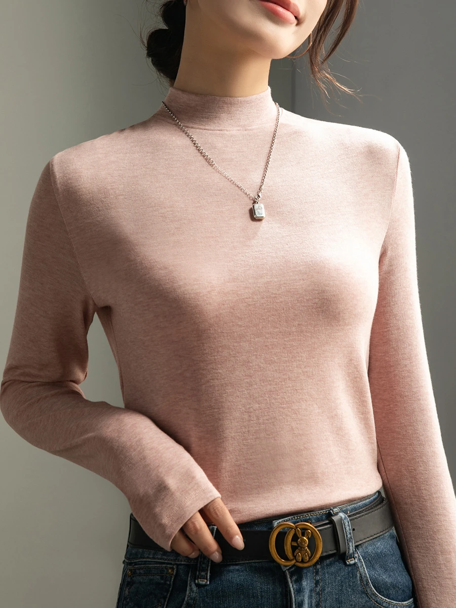 Fashionable and Soft Melard-colored Sheep Wool T-Shirt with Standing Collar and Long Sleeves for Office Ladies