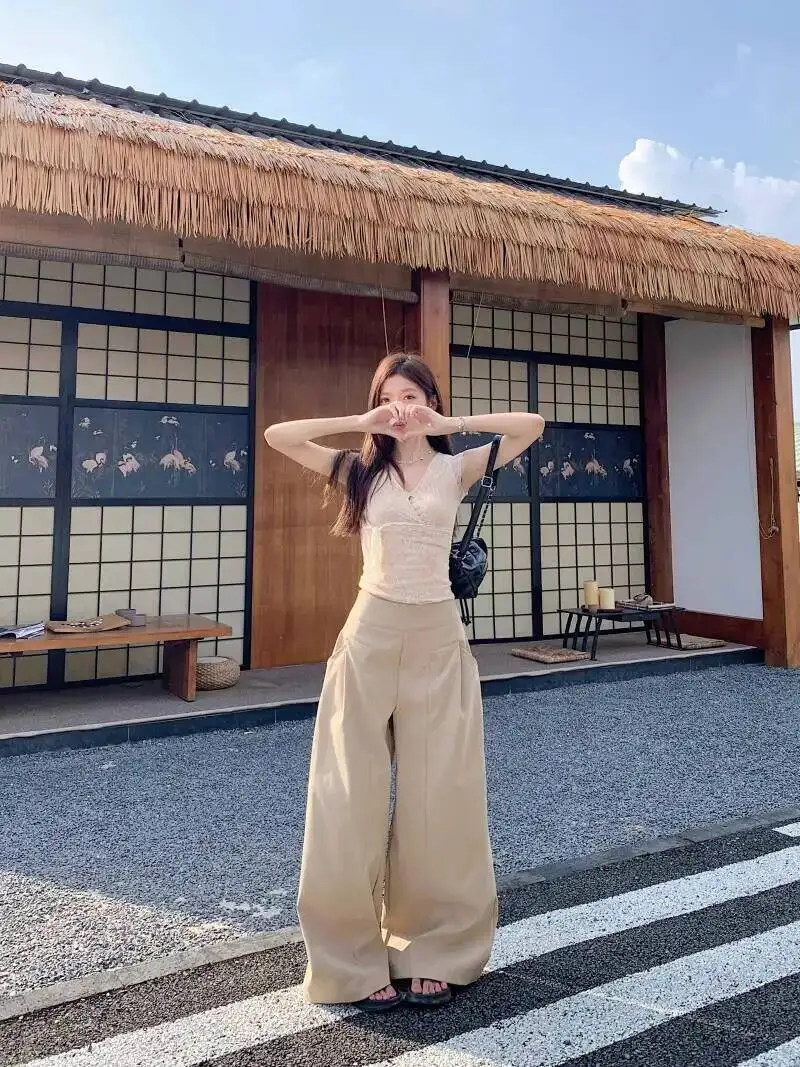 

Women's Khaki Casual Pants Summer High-Waist Wide-Leg Trousers, Loose Slimming, Floor-Length With Design Sense