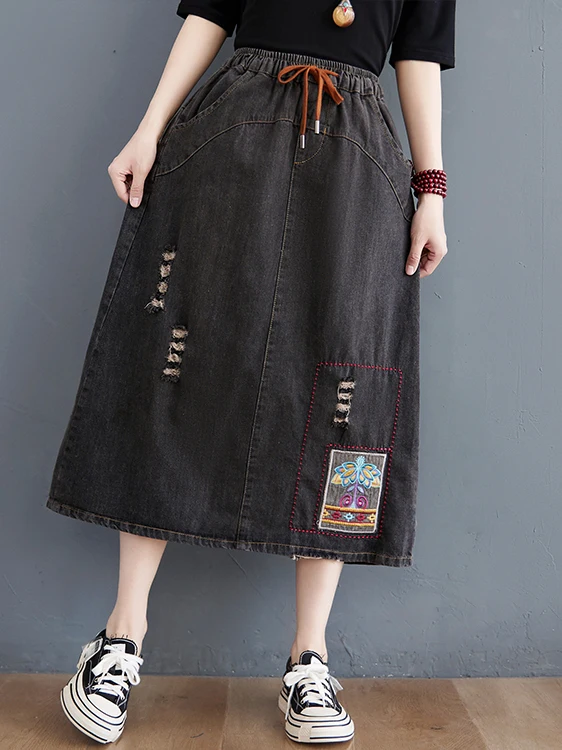 

Retro Embroidered Denim Skirt Women's Casual High Waist A-Line Midi Skirt Slimming Effect Spring Summer Autumn New Arrival