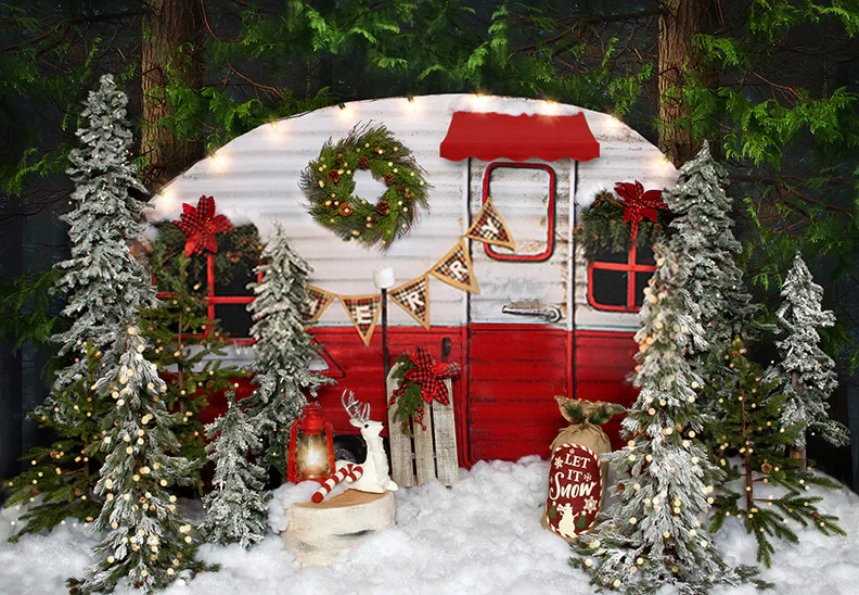 Red Car Adventure Camping Backdrop Winter Christmas Tree Bonfire Photography Background Outdoor Children Birthday Backdrop