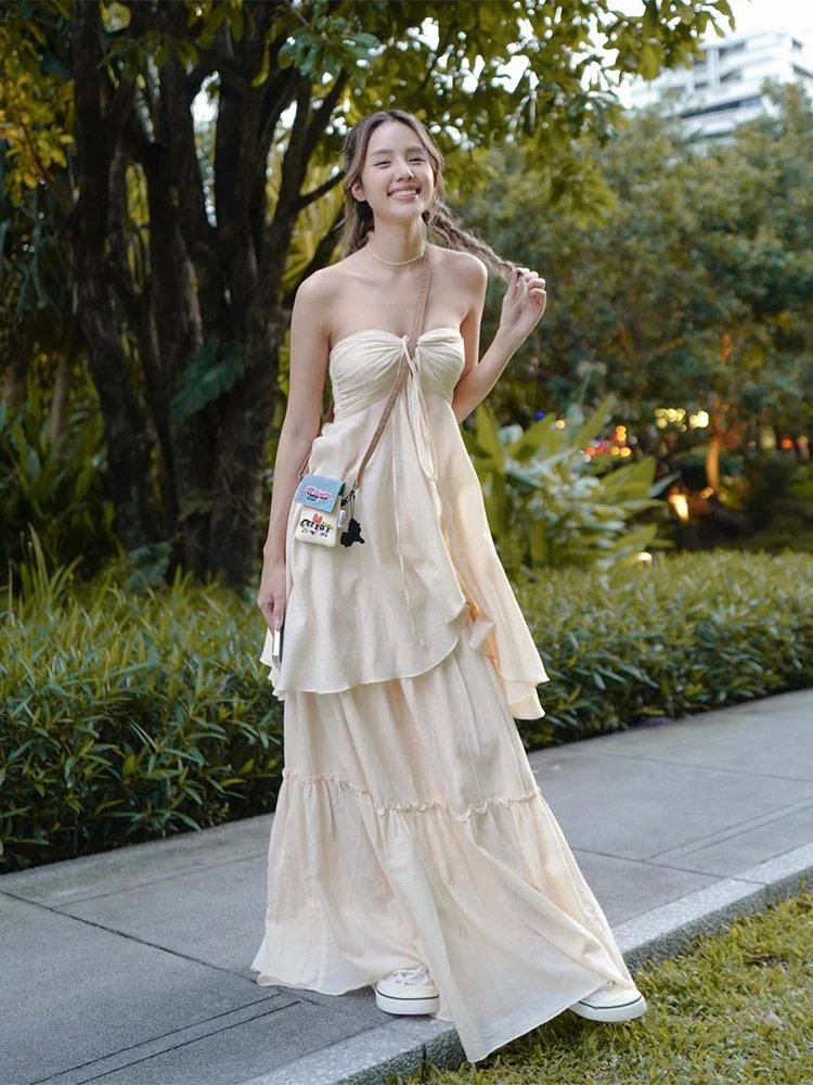 로맨틱 빈티지 비치 바캉스 스트랩 드리프팅 롱 드레스 새로운 디자인 센세이션 A라인 스커트 여름 시즌 V넥 드레스