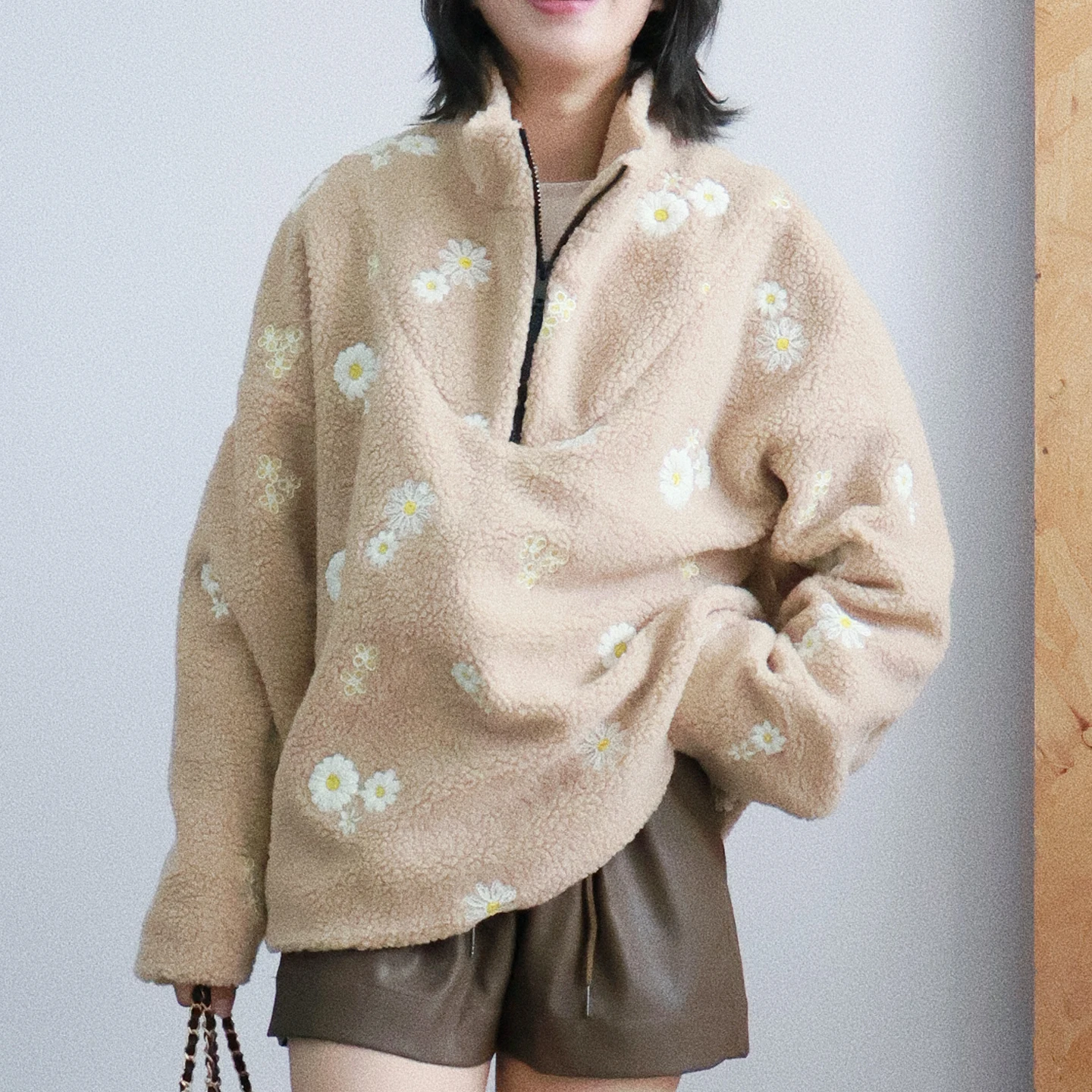 

Ladies' Embroidered Long Sve Lamb Fur Jaet Loose Fit Stand Collar Casual Sle Polyester Fiber Commute Sle Autumn Coat