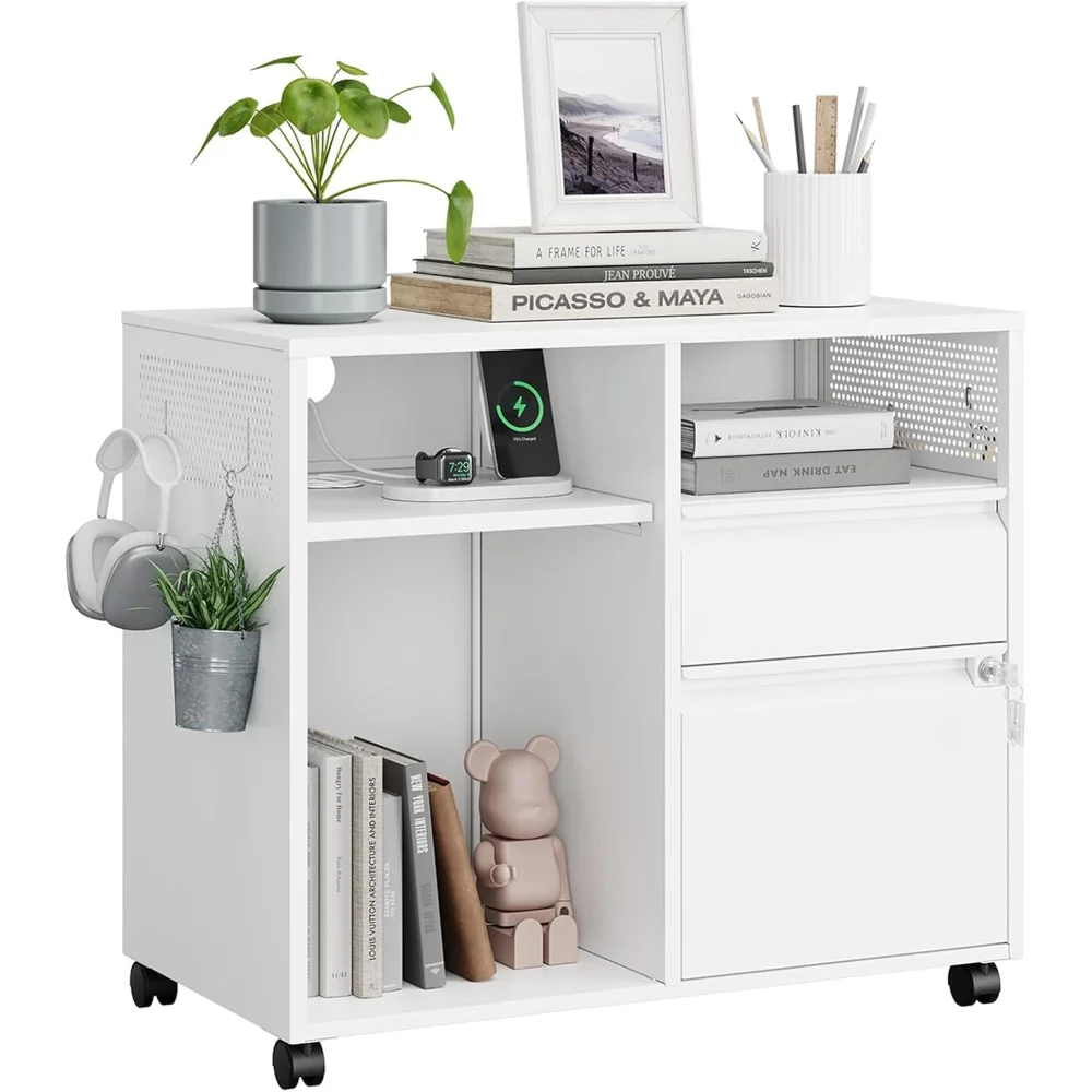 

File Cabinet 2 Drawer, White Filing Cabinets with Storage Shelf, Home Office Rolling File Cabinet with Lock