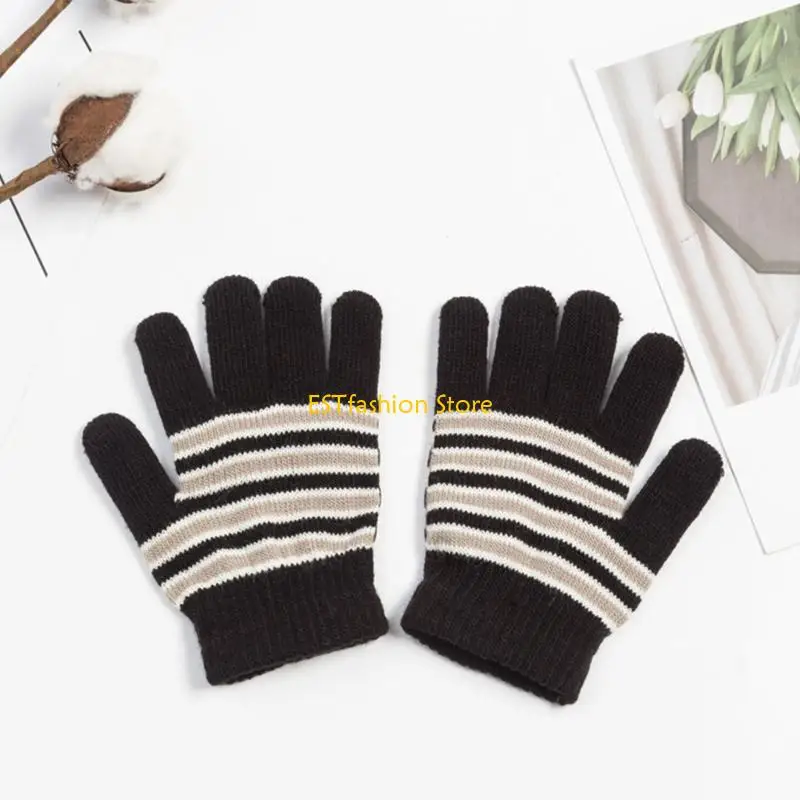 Y5GC Kids Warm Stretchable Mittens Winter Sports Striped Pattern Full Finger Gloves Sports Gloves for Cold Weather Cycling