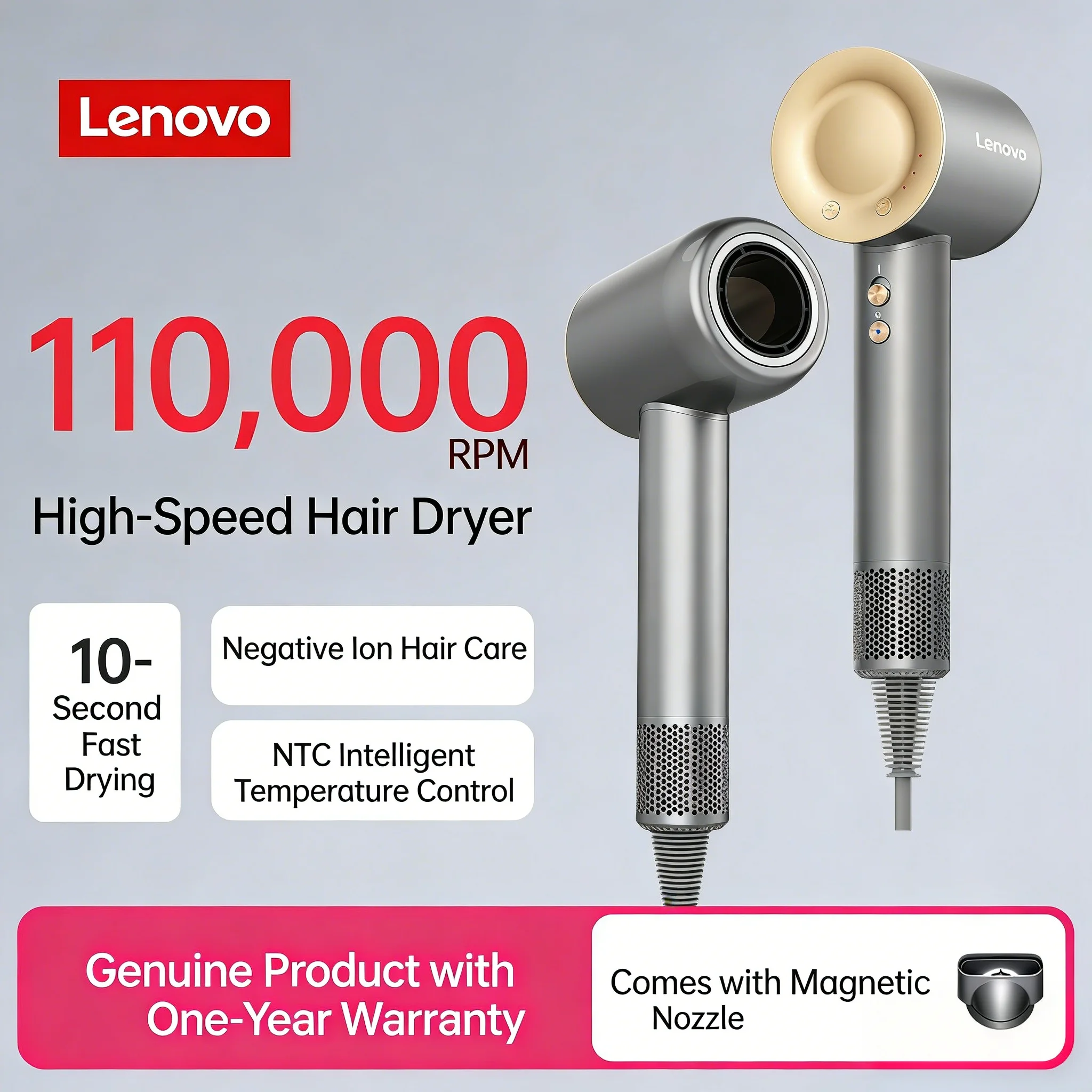 Lenovo Y1S high-speed hair dryer, constant temperature, overheat protection, negative ion hair care, professional dry hair, 220V