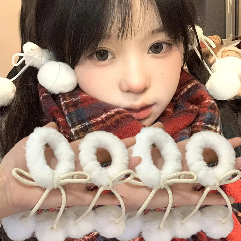 

4 шт., корейская плюшевая повязка на голову с бантом, милые универсальные высокоэластичные резинки для волос, простые базовые однотонные аксессуары для волос с шаровой головкой