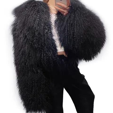 YOLOAgain 2025 Autumn Winter Warm Turn-Down Collar Real Mongolia Sheep Fur Jacket Coat Women Short Black Sheep Fur Jacket Female