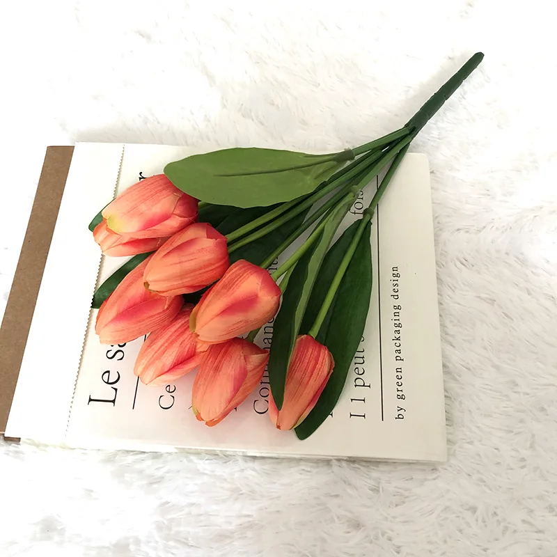 Ramo de tulipanes de tela de seda para sala de estar, flores decorativas de simulación de 9 tulipanes para boda, mobiliario para el hogar, Escena de fotografía