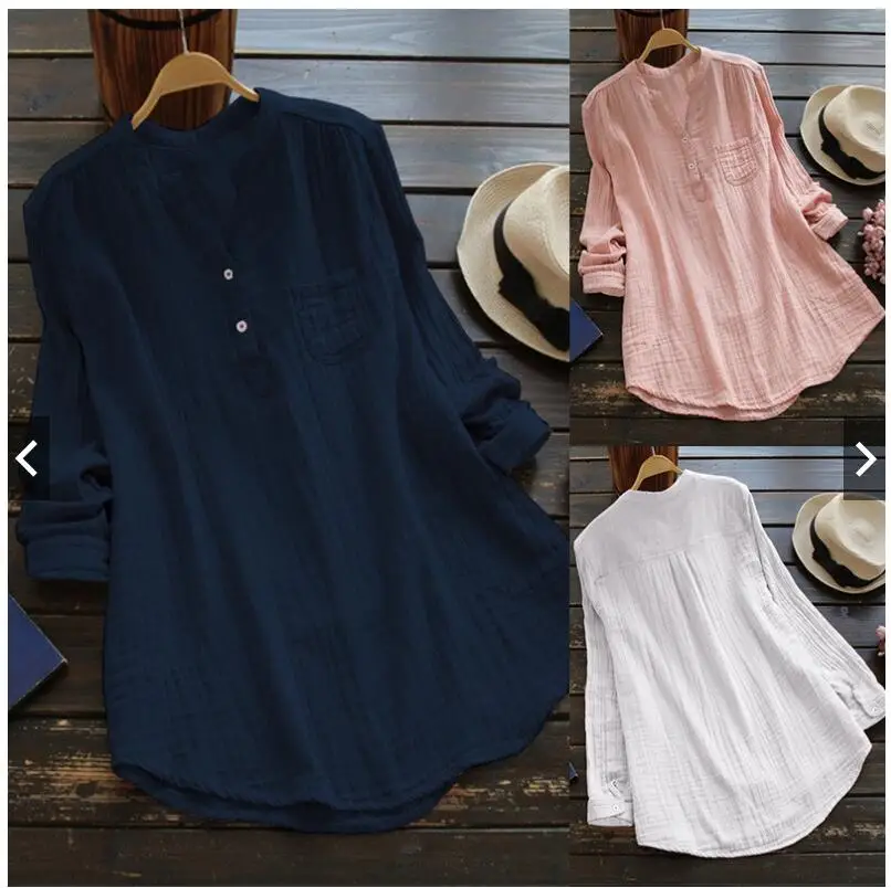 

Women's Loose Cotton Linen irt Pure Color Stand Collar New Arrival Faionable Comfortable Breathable Ladies' Blouse