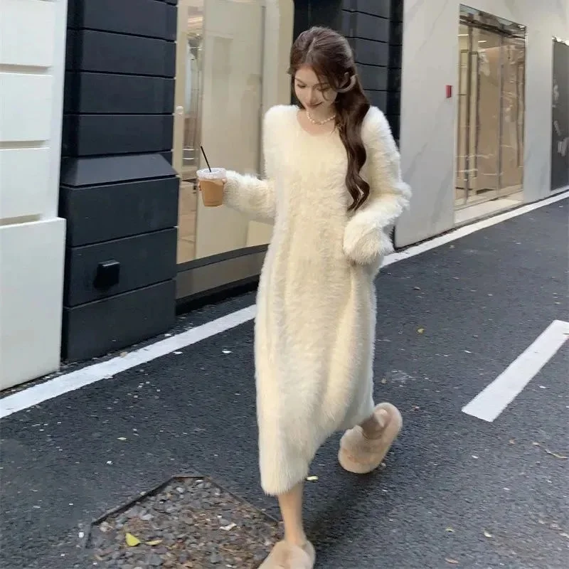 2024 Autumn/Winter New Loose and Popular Style Imitation Mink Fleece Loose Knee Length Long Hair Dress Women's Pajama Dress WLF1