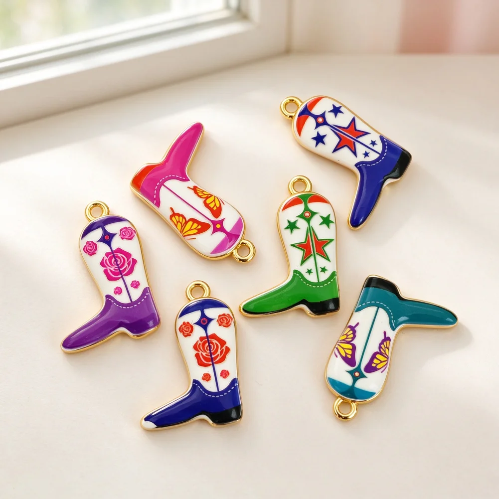 4 Pcs Pendants Brass Enamel Western Cowboy Boot Charms Rose Butterfly Star Pattern DIY Jewelry Accessories for Necklace Bracelet
