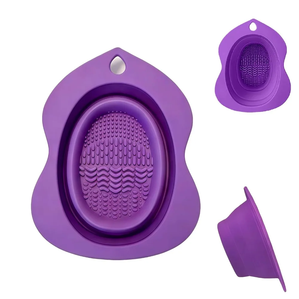 Foldable Silicone Makeup Brush Cleaner Mat with 4 Textured Deep Cleaning Zones, Portable Scrubber Bowl for Washing Cosmetic Brushes Sponges Puff Blenders, Easy to Hang and Store, Bristle-Friendly Travel Home Cleaning Pad