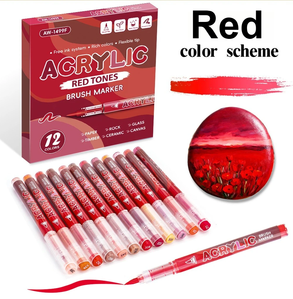 12 Colors Acrylic Markers Red Series Soft Pen Tip for Christmas Painting Comic Drawing Coloring DIY CD Shoes Stone Art Supplies