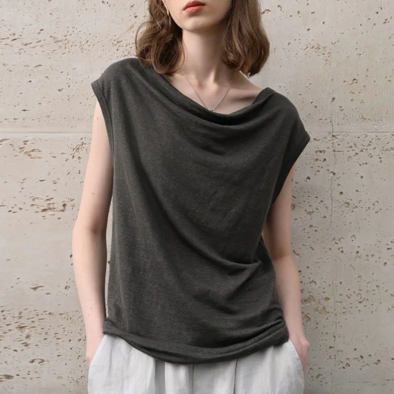 100% Hemp Women's T-shirt One-shoulder Swing Neck Short-sleeved Summer Slimming-fit French Casual Loose Fashion Newly OL Tops