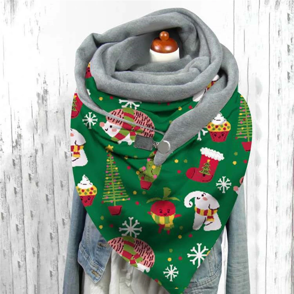 Christmas Triangle Scarf Santa Claus Snowflakes Elk Deer Button Scarves Colorful Winter Fleece Warm Neck Warmer Shawls