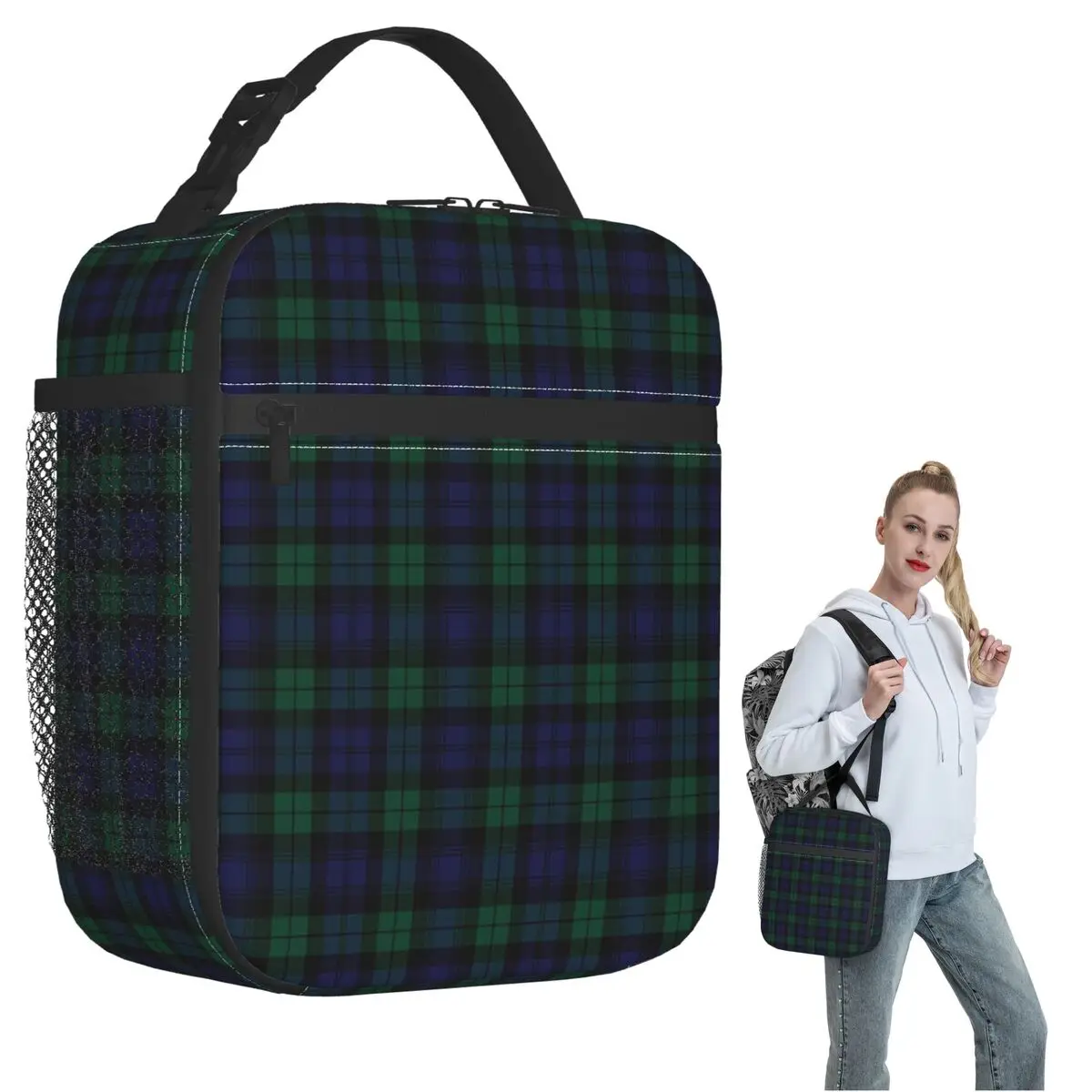 Blackwatch Tartan Clothing Modern Cute Blue And Green Plaid Insulated Lunch Bag Leakproof Food Boxes Thermal Lunch Box Tote