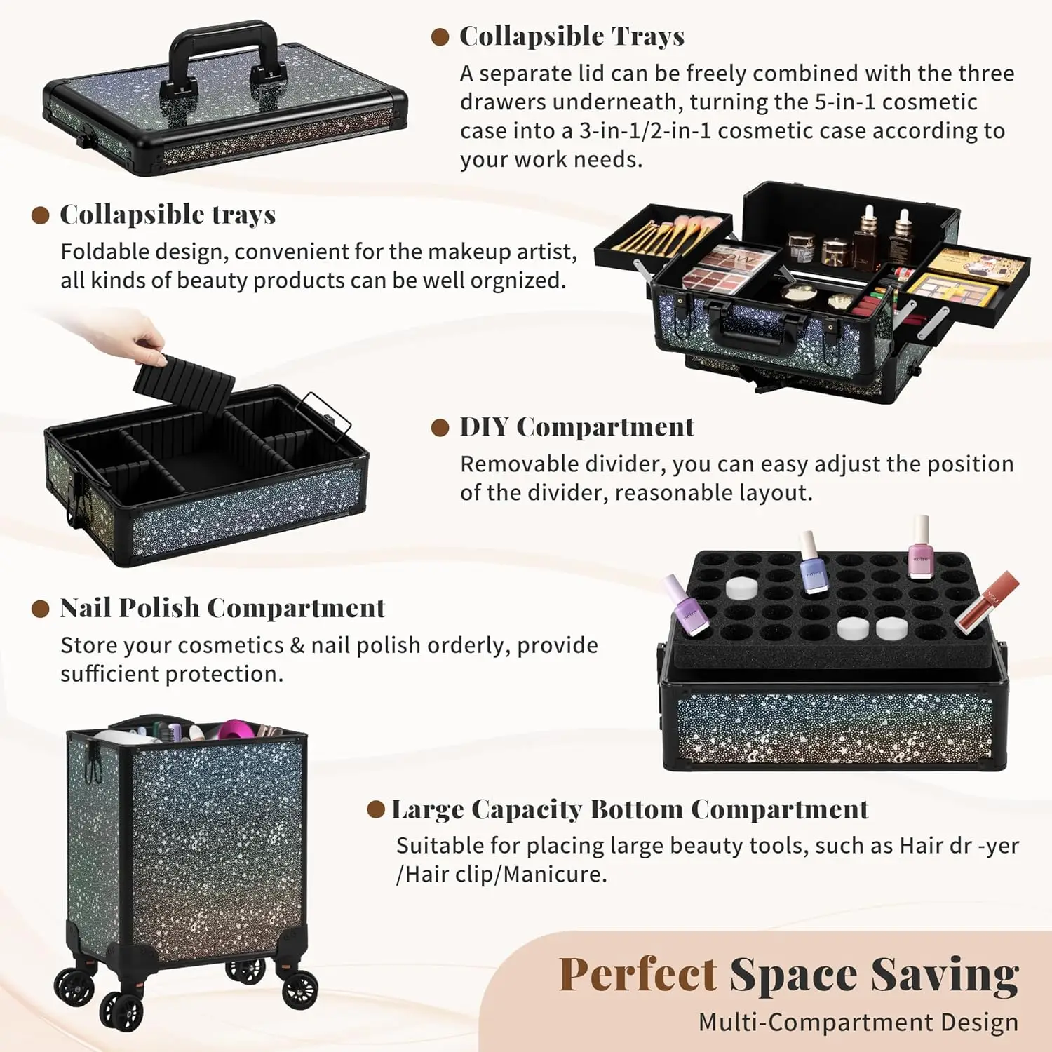 Rolling Makeup Train Case 5in1 Cosmetology Case on Wheels Large Cosmetic Organizer Travel Cart for Hairstylist Artist Nail Salon