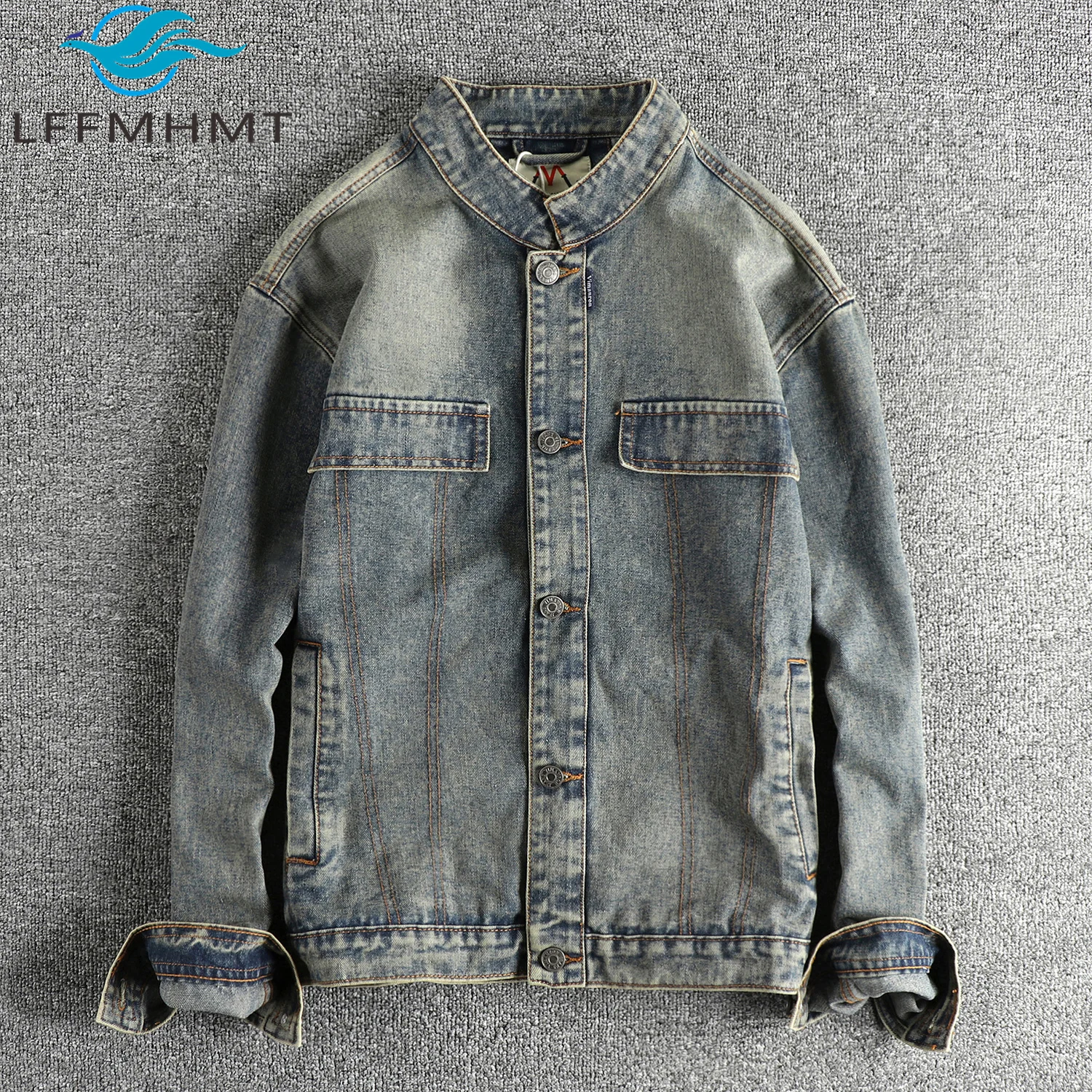 America Style Vintage Denim Coats Men Spring Fall Fashion Long Sleeve Multi Pocket Stand Collar Short Version Casual Jacket Male