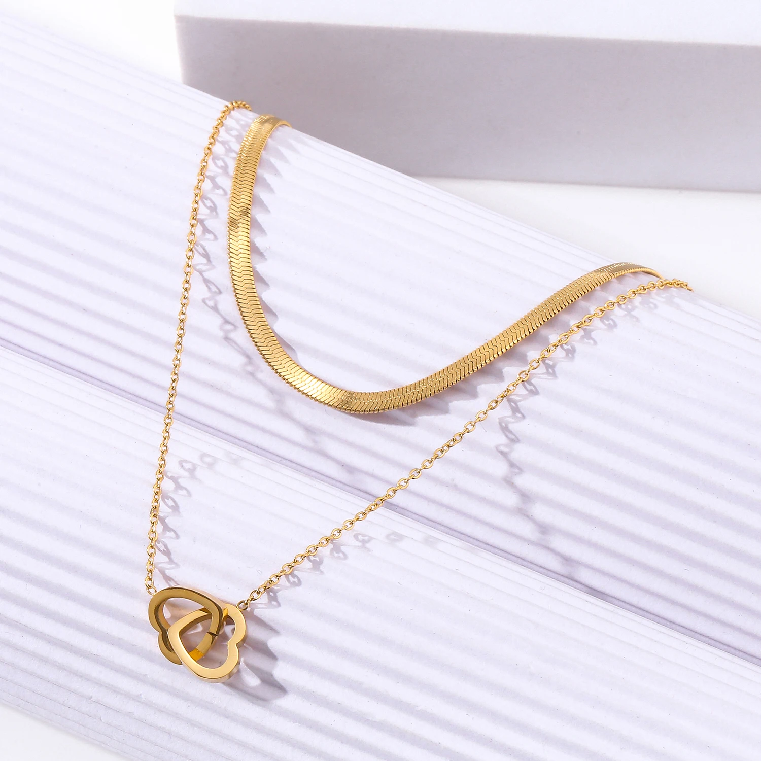 Double Layer Clavicle Snake Chain Stainles Steel Gold Plated Heart Pendant Necklace For Women bijoux acier inoxidable femme