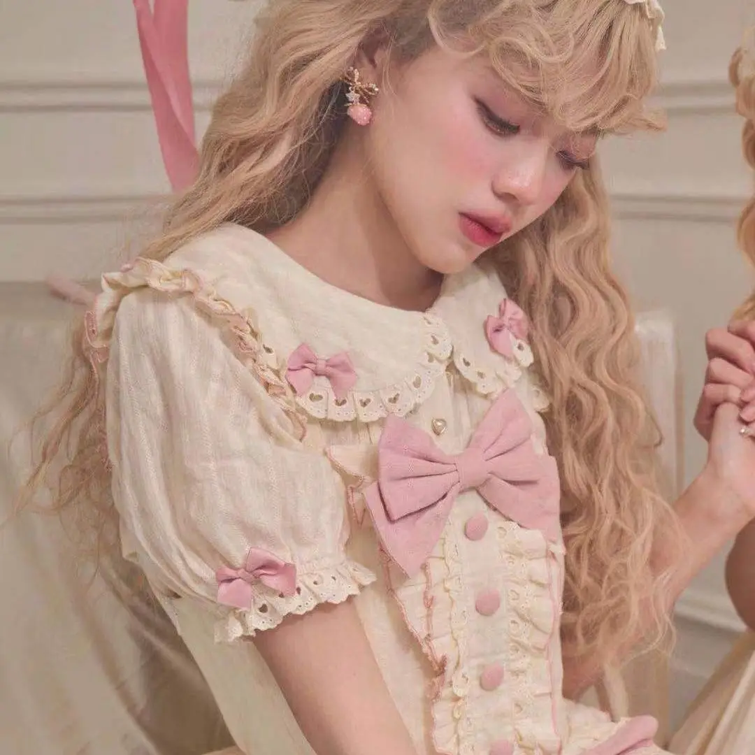 ฤดูร้อนญี่ปุ่นหวาน Lolita เสื้อผู้หญิง Peter Pan ปลอกคอเสื้อพัฟแขนสั้นเสื้อลําลองน่ารัก Kawaii สาว
