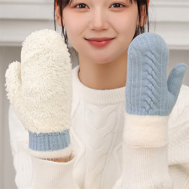 Winter Women Keep Warm Plus Velvet Inside Wrist Thicken Twist Knit Mittens Full Finger Cycling Woolen Gloves Soft Cute Lovely