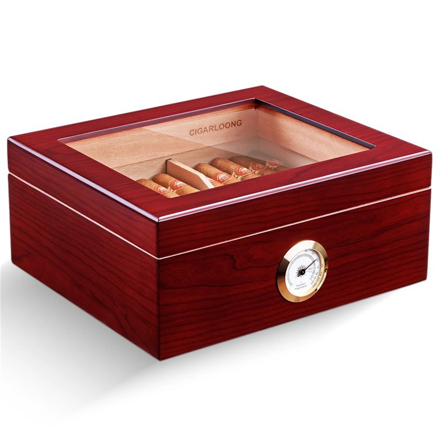 Glasstop Cigar Humidor Box , 50 unit Large Capacity With Humidity Control & Pest Resistance - Spanish Cedar Wood Piano Paint