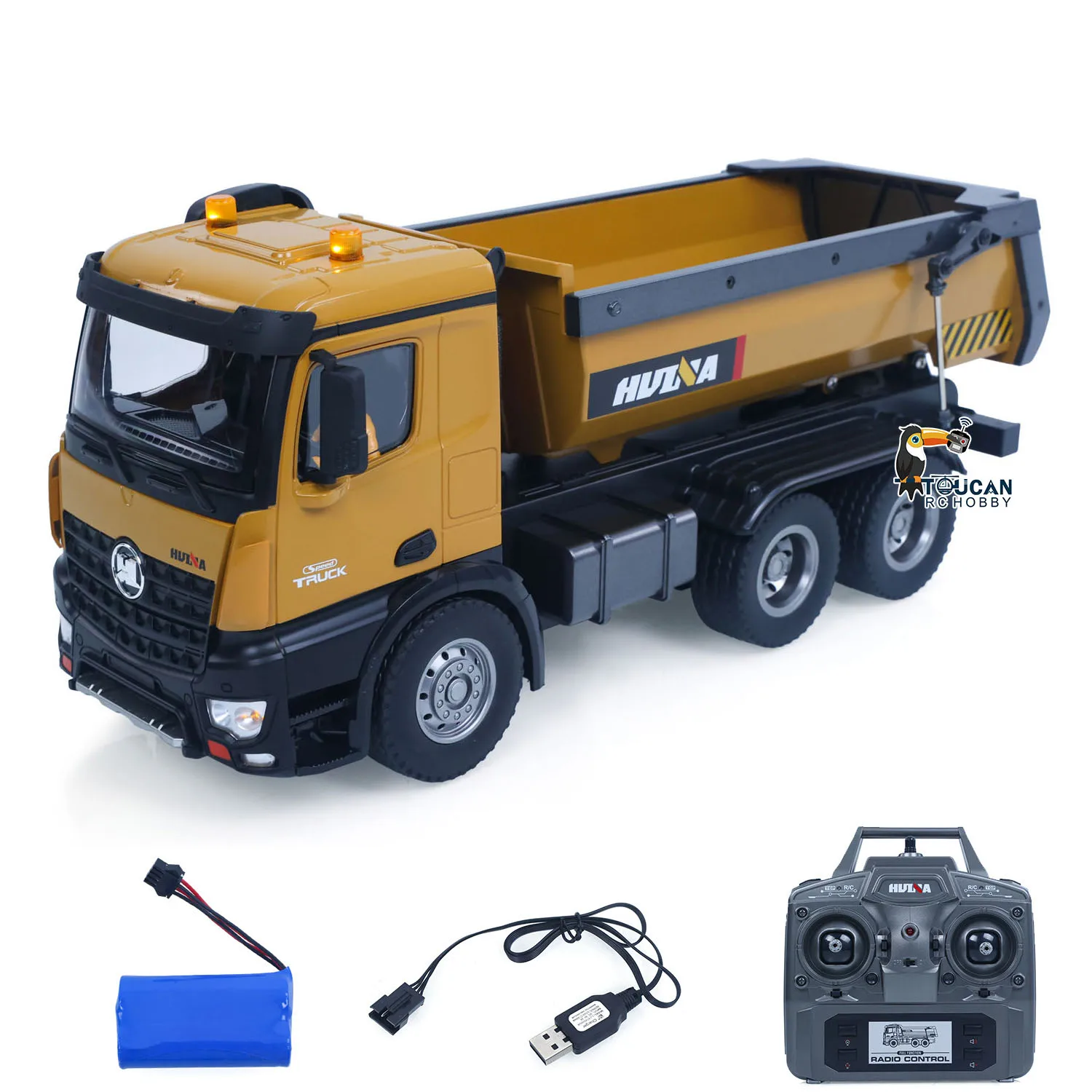 1/14 HUINA Electric RC Dump Truck 573 Remote Control Tipper Model Vehicle Flowing Water Light Sound Effect 2.4G Radio Controller USB Charging Cable