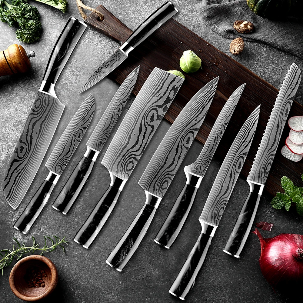 XITUO Kitchen Knives Set 1-9pcs Japanese Chef knife Black Resin Handle Damascus Pattern Santoku Cleaver Slicing Utility Knives