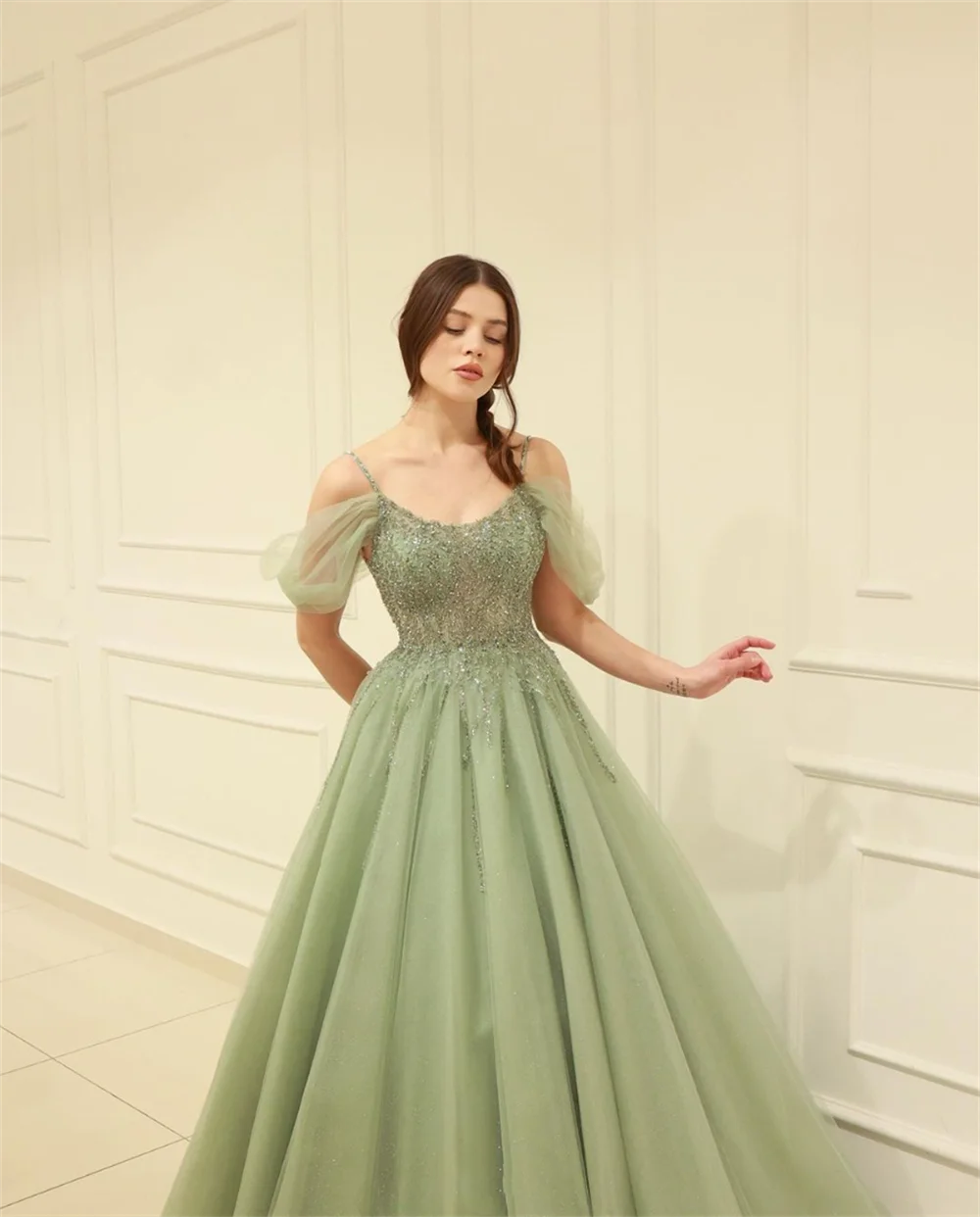 Jessica Light Green Prom Dresses Glitter Tulle Beads Evening Dresses Ladies Formal Party Dresses Wedding Dress Customized