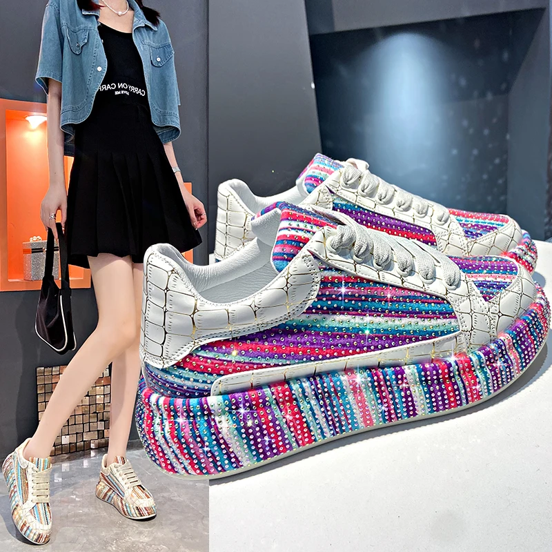 Fashion Sneakers Women Trend 2024 New High quality Platform Lace Up Rhinestone Women Casual Shoes Fashion Shiny Ladies Shoes