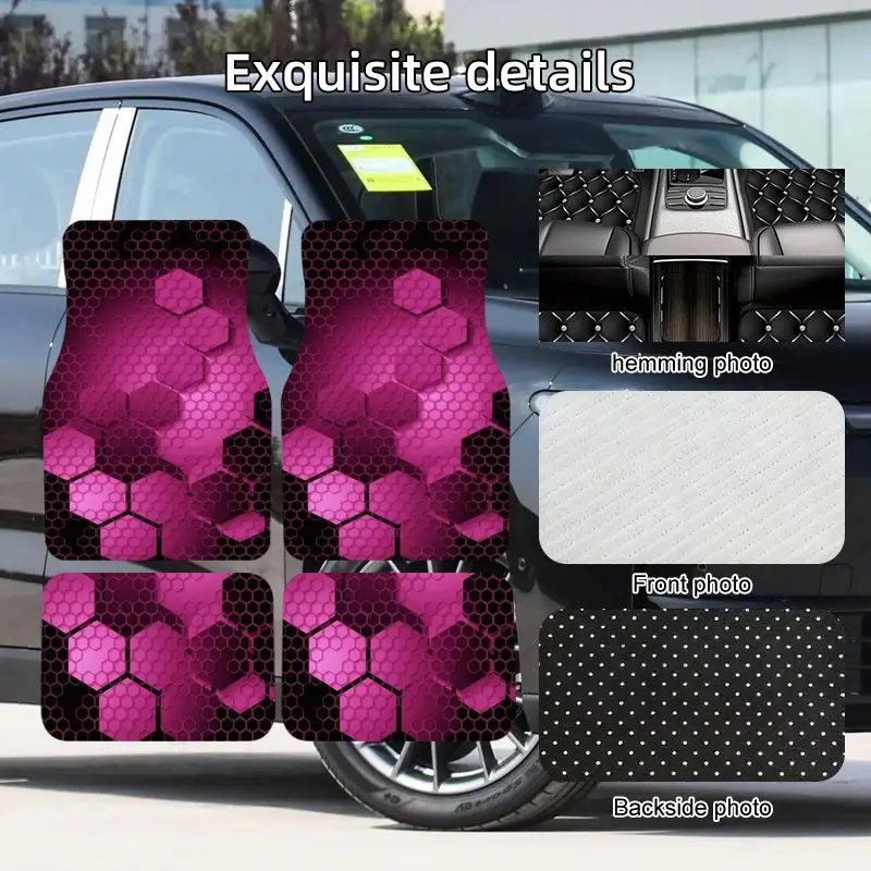 4pcs Rose Pink Honeycomb Print Car Floor Mat Universal Non-Slip Polyester Auto Floor Carpets Set Interior Accessories For SUVs view 6