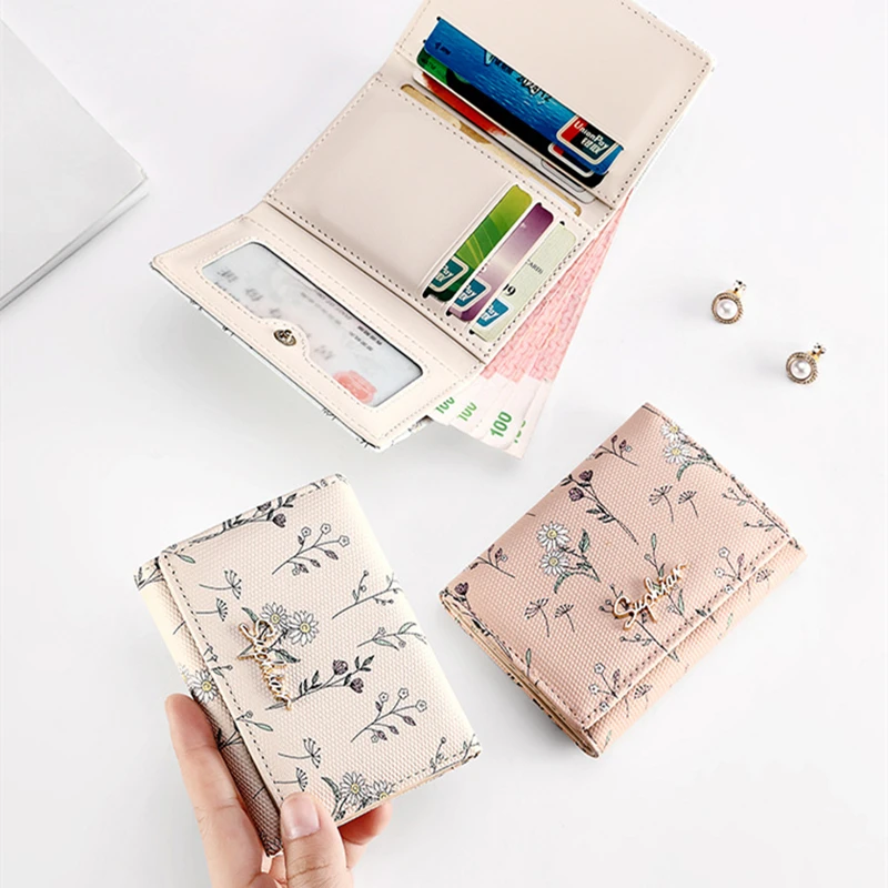 Women Wallets PU Leather Female Coin Purse Flower Printed Multi-Cards Holder Lady Short Slim Wallet Zipper Hasp