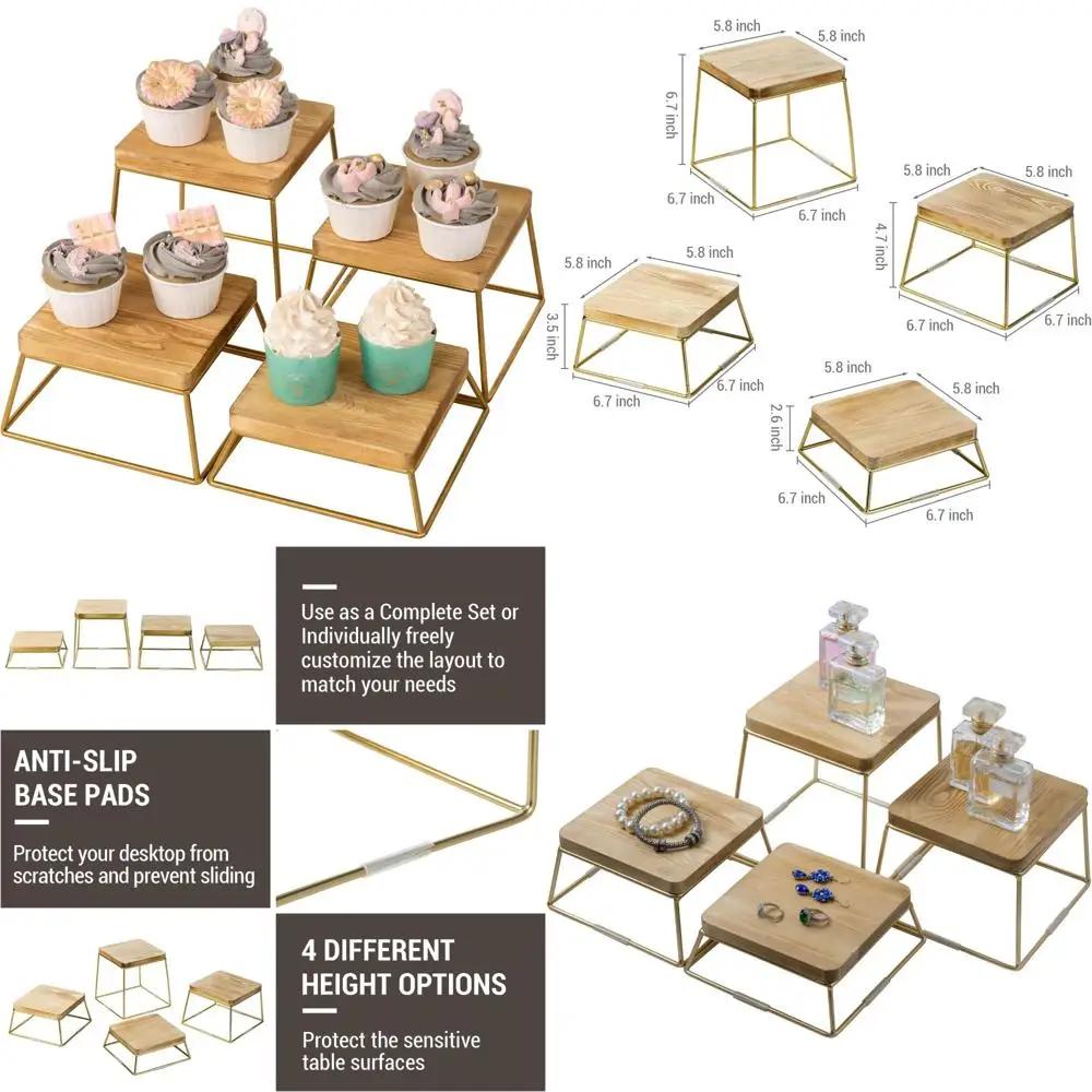 

Деревянный набор квадратных стоек для демонстрации еды из 4 предметов для вечеринок, шведского стола и презентаций десертов