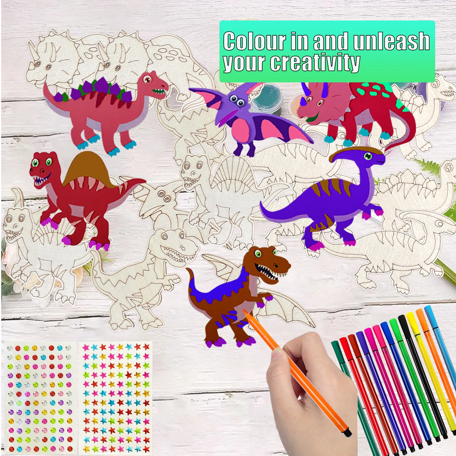 218PCS Dinosaur Wooden Craft Set, 12 Unfinished Dinosaur Wood, Birthday Party Decorations, Gift Labels, Wooden Craft Set