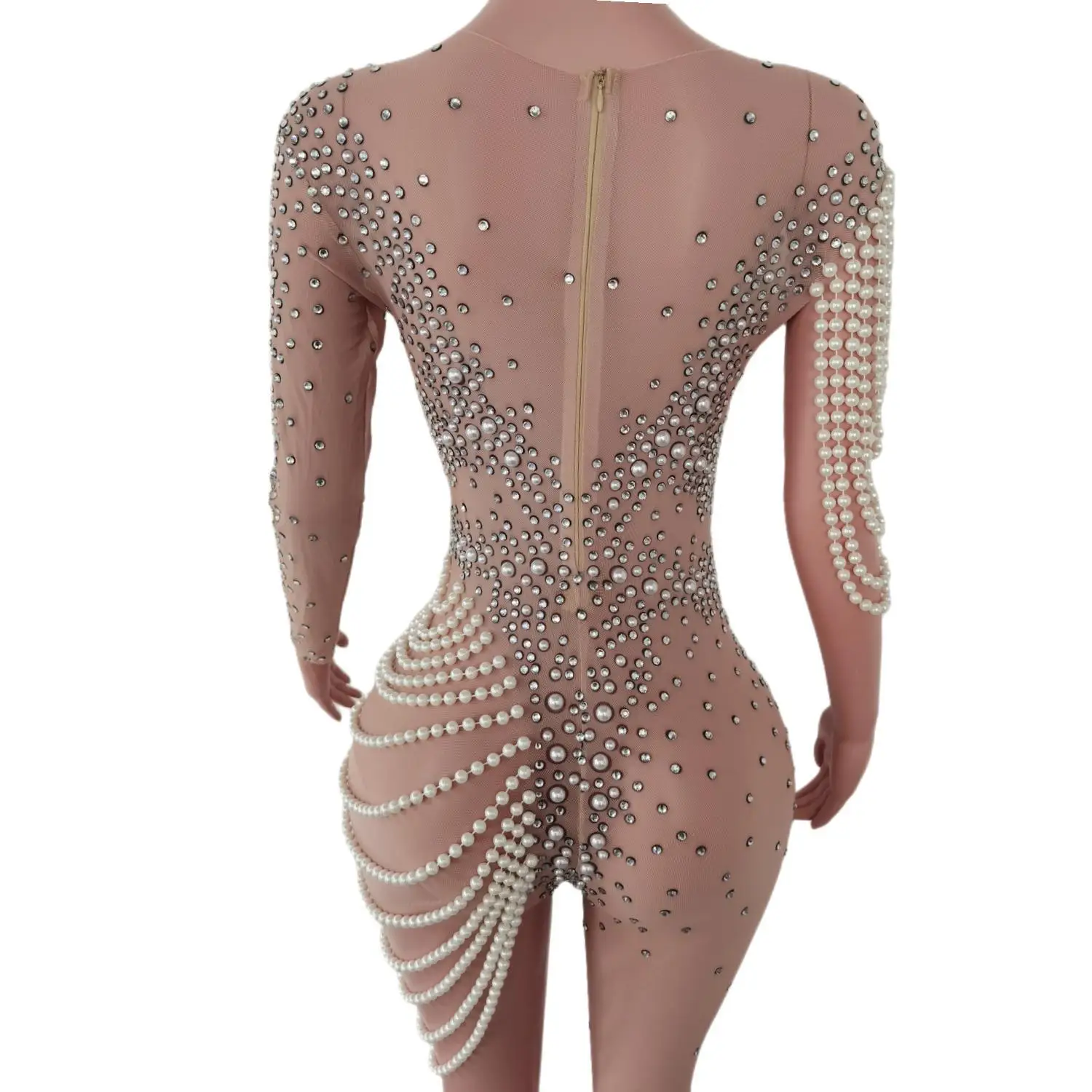 Disfraces de acrobacias de moda con diamantes de imitación para mujer, traje elástico de perlas para club nocturno, Ropa de baile en barra, mono elástico desnudo