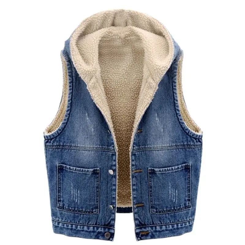 

2023 Winter Women Lamb Wool Thicken Cowboy Vests Hooded Fashion Vintage Korean Loose Jacket Female Warm Sleeveless Short Coat