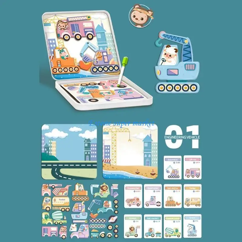 090B Holz Lernspielzeug Magnetische Puzzle Spiele Tiere Fahrzeug Zeichenbrett Staffelei für Kinder Kleinkind 3+