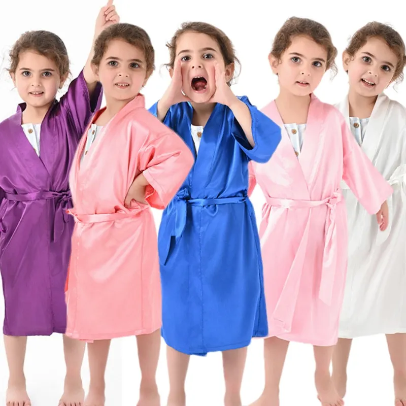 

Solid Color Imitation Silk Children's Bathrobe Big Children's Nightgown Baby Catwalk Cardigan Boys and Girls' Bathrobe