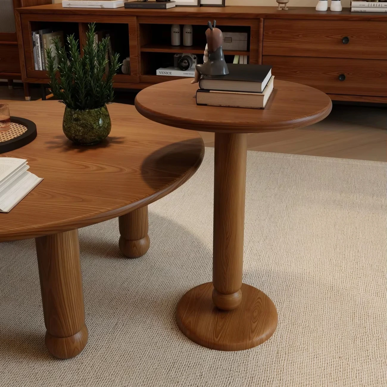 Durable Eco-Friendly Modern Vintage Round Walnut Solid Wood Coffee Table Storage Simple Design for Small Living Room Furniture