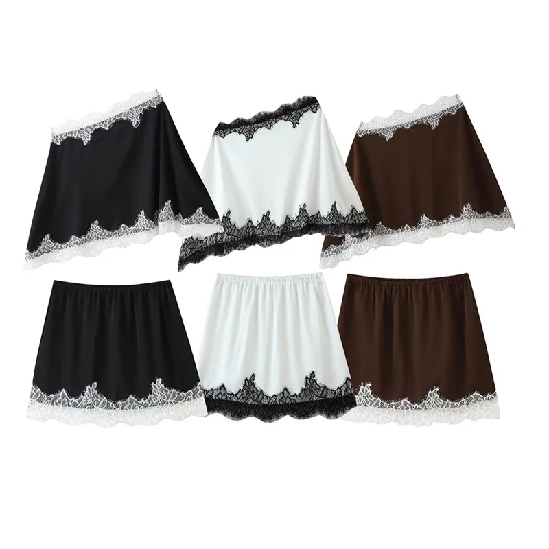 Women's Satin Skirt  Elegant Lace Patchwork Asymmetric Off Shoulde Top Sexy Satin Lace Panel One-shoulder Top and Mini Skirt Set